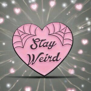 Stay Weird NEW Pin Brooch Pink Enamel Black Metal Spiderweb Fun Spooky Goth NWT
